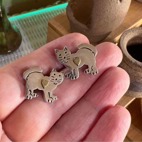 Vintage Cat Sterling Silver Earrings Made In Mexico - Picture 2 of 4